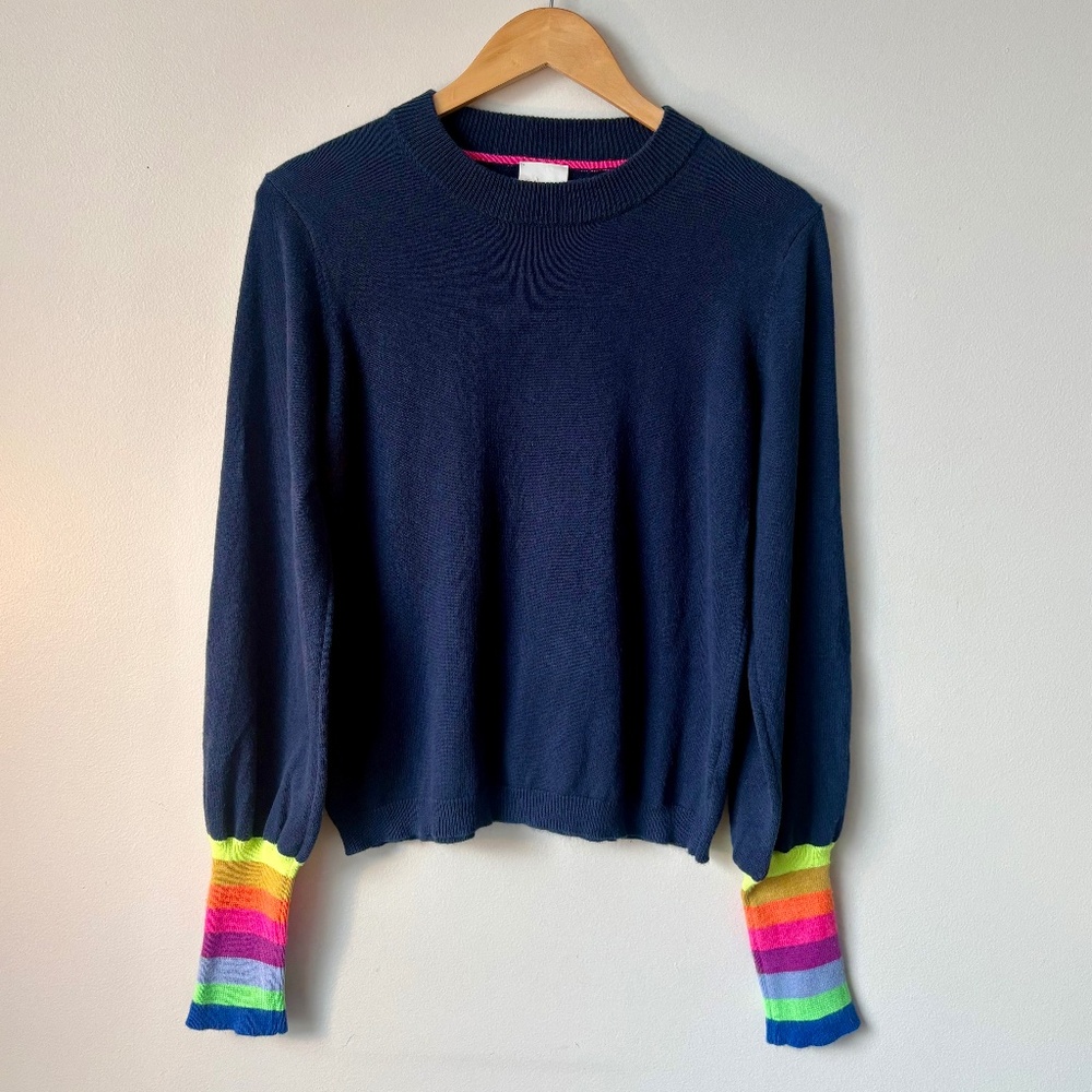 Brodie Cashmere Navy Crewneck Sweater with Rainbow Stripe Cuffs